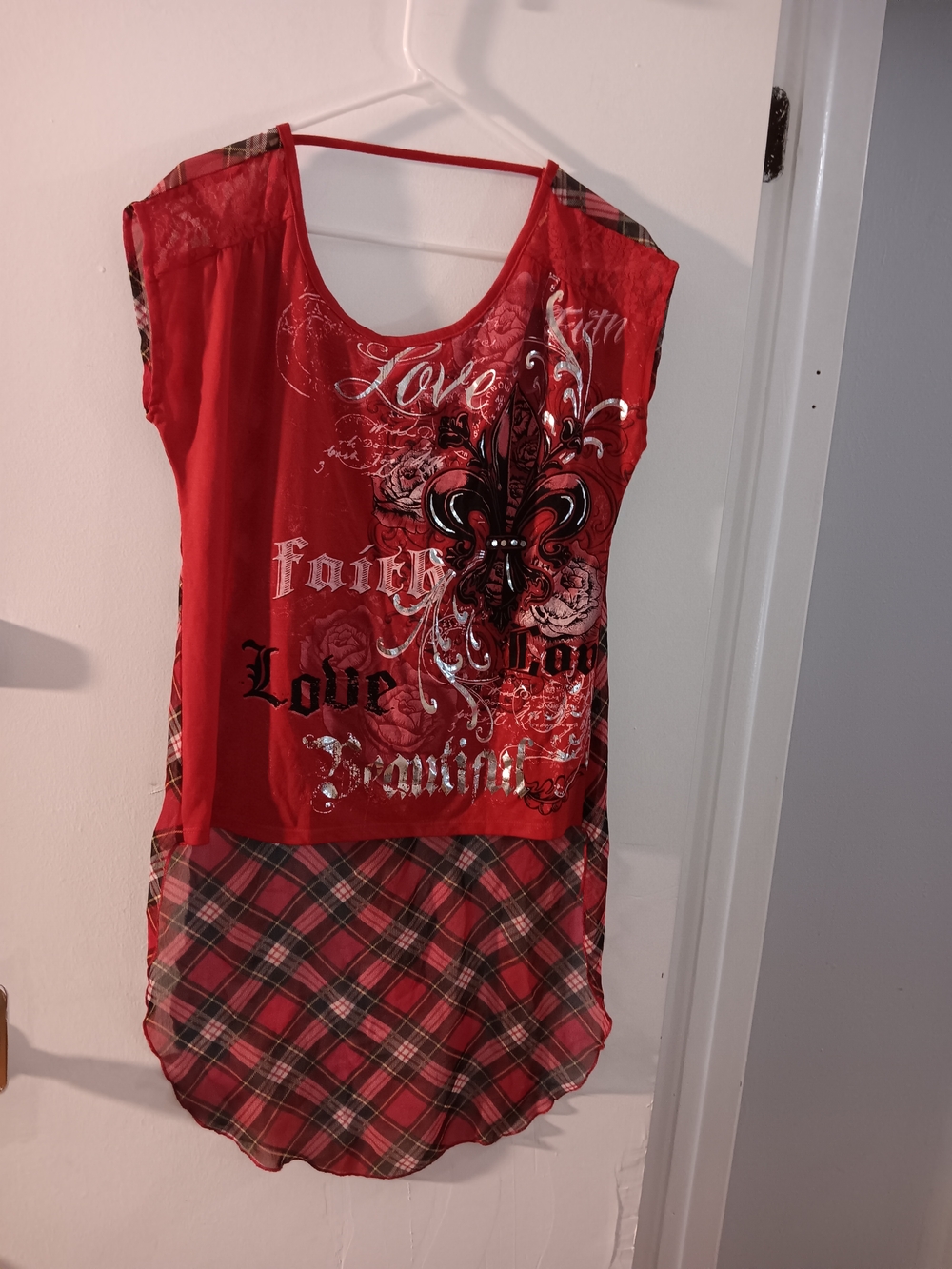 Red Graphic Fleur-de-Lis Tunic with Plaid Hem